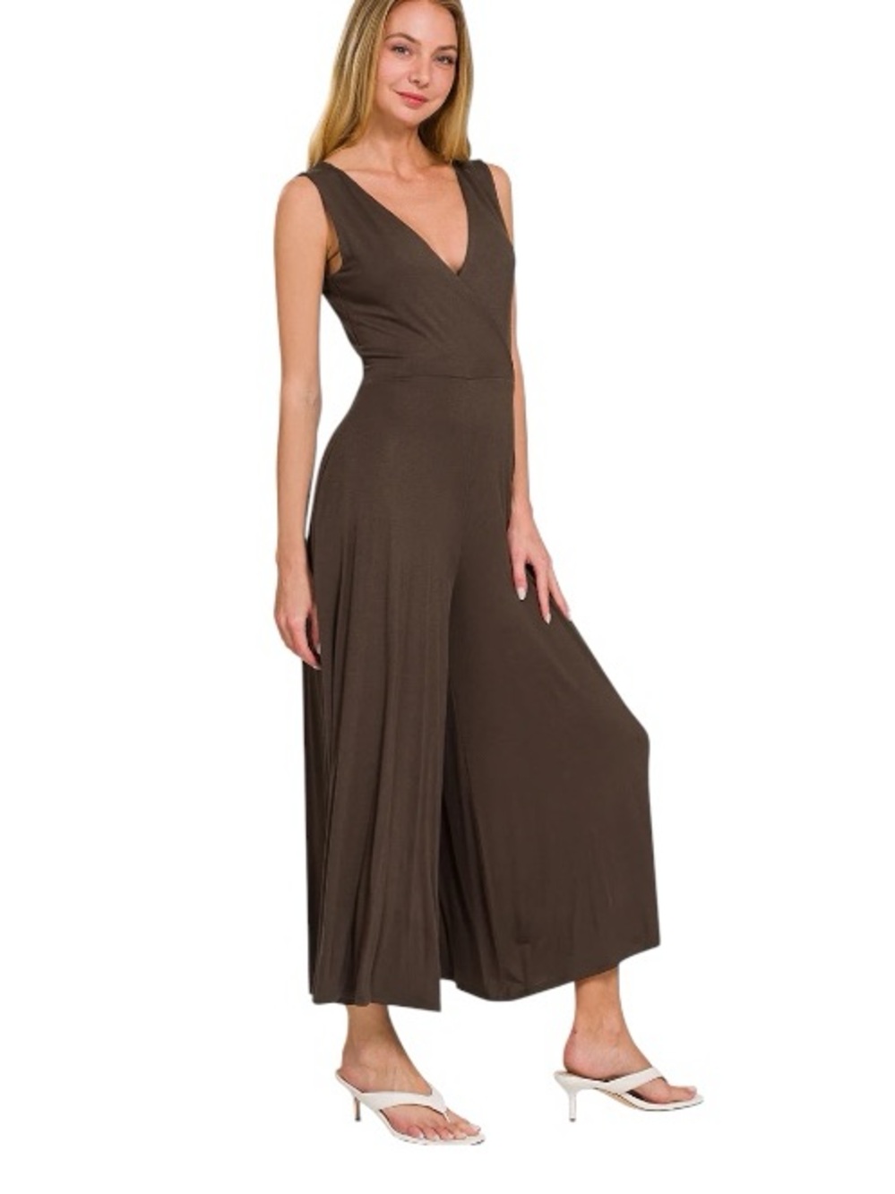 Zenana Outfitters Brown Sleeveless V-Neck Wide-Leg Jumpsuit